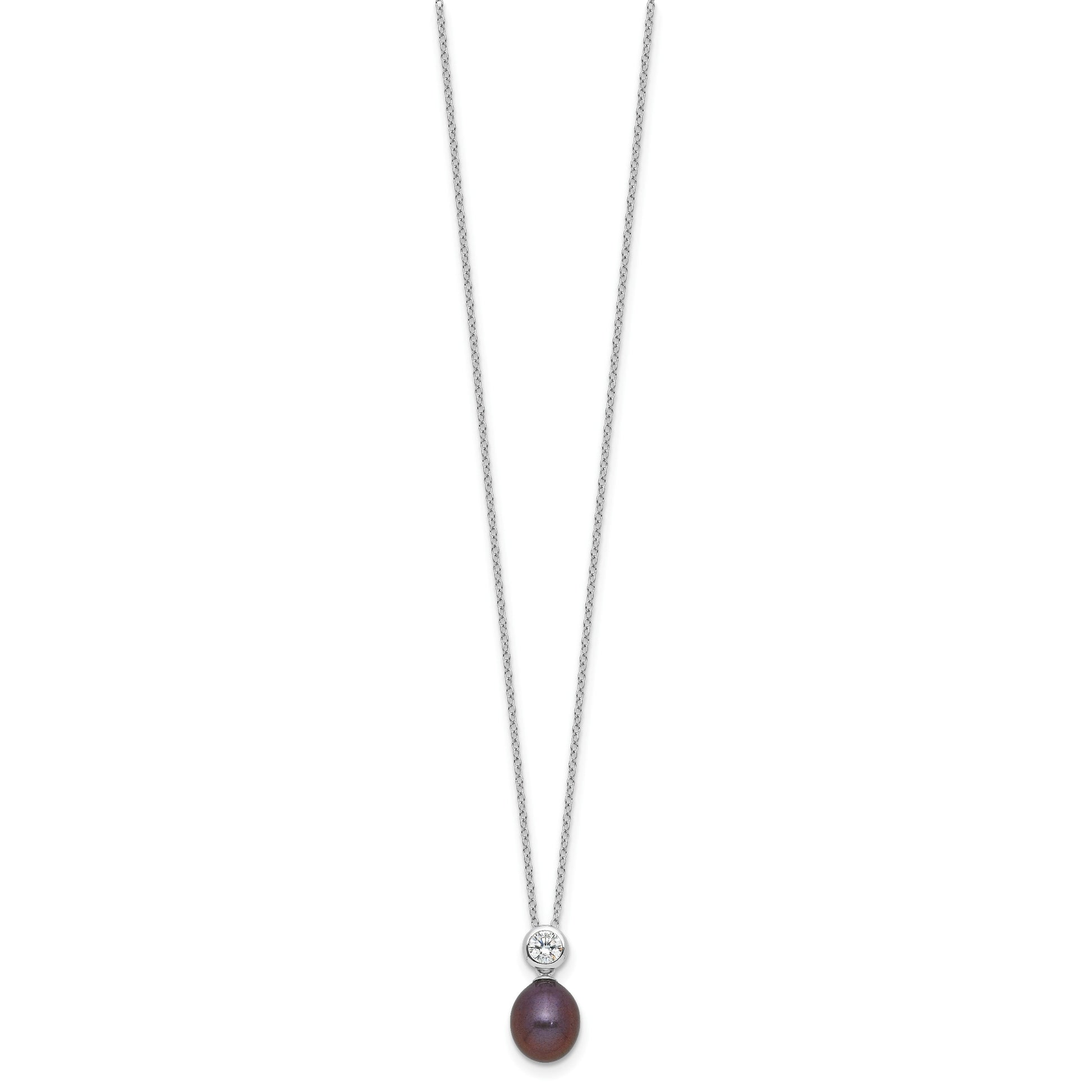Sterling Silver Rhodium-plated 7-8mm Black Rice Freshwater Cultured Pearl and CZ 17 inch Necklace