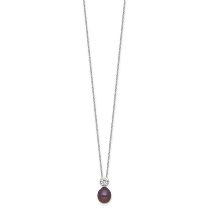 Sterling Silver Rhodium-plated 7-8mm Black Rice Freshwater Cultured Pearl and CZ 17 inch Necklace