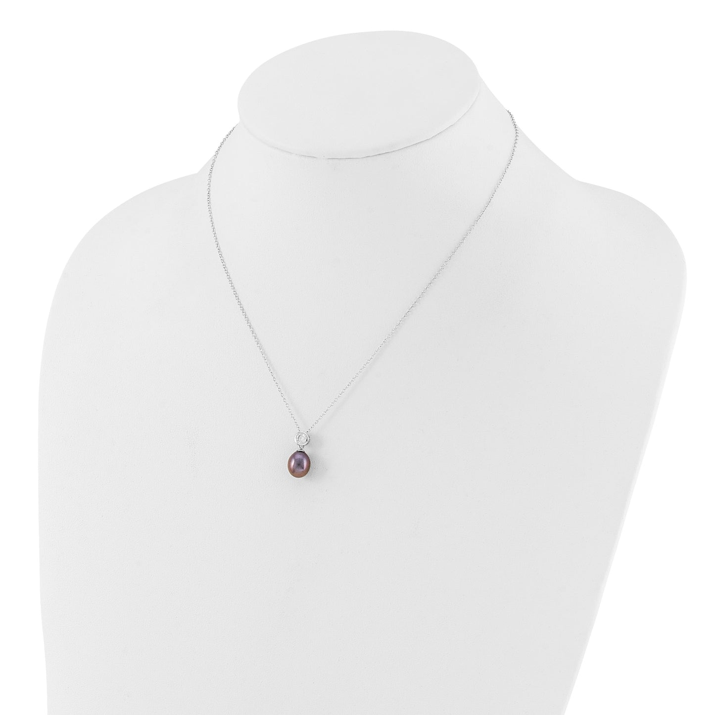 Sterling Silver Rhodium-plated 7-8mm Black Rice Freshwater Cultured Pearl and CZ 17 inch Necklace