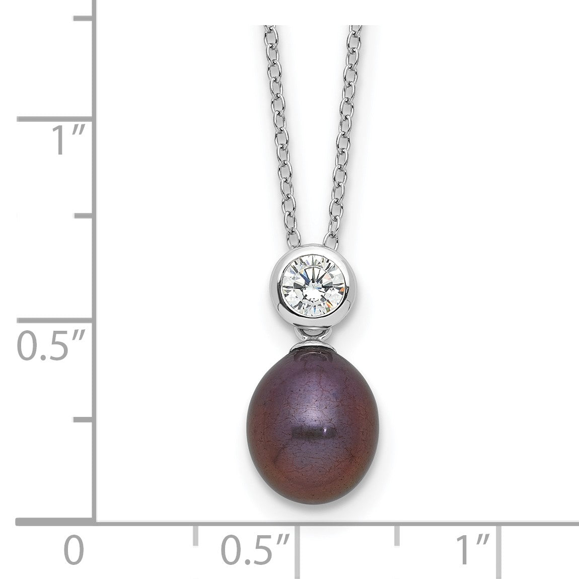 Sterling Silver Rhodium-plated 7-8mm Black Rice Freshwater Cultured Pearl and CZ 17 inch Necklace