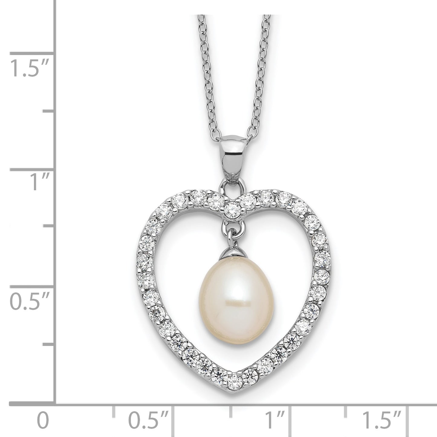 Sterling Silver Rhodium-plated 8-8.5mm White Teardrop Freshwater Cultured Pearl and CZ Heart 17 inch Necklace