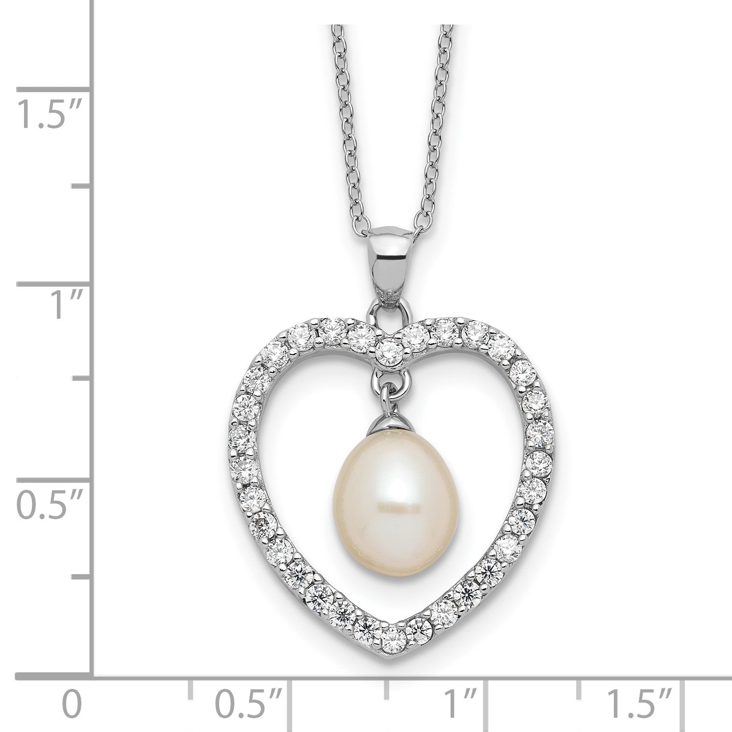 Sterling Silver Rhodium-plated 8-8.5mm White Teardrop Freshwater Cultured Pearl and CZ Heart 17 inch Necklace