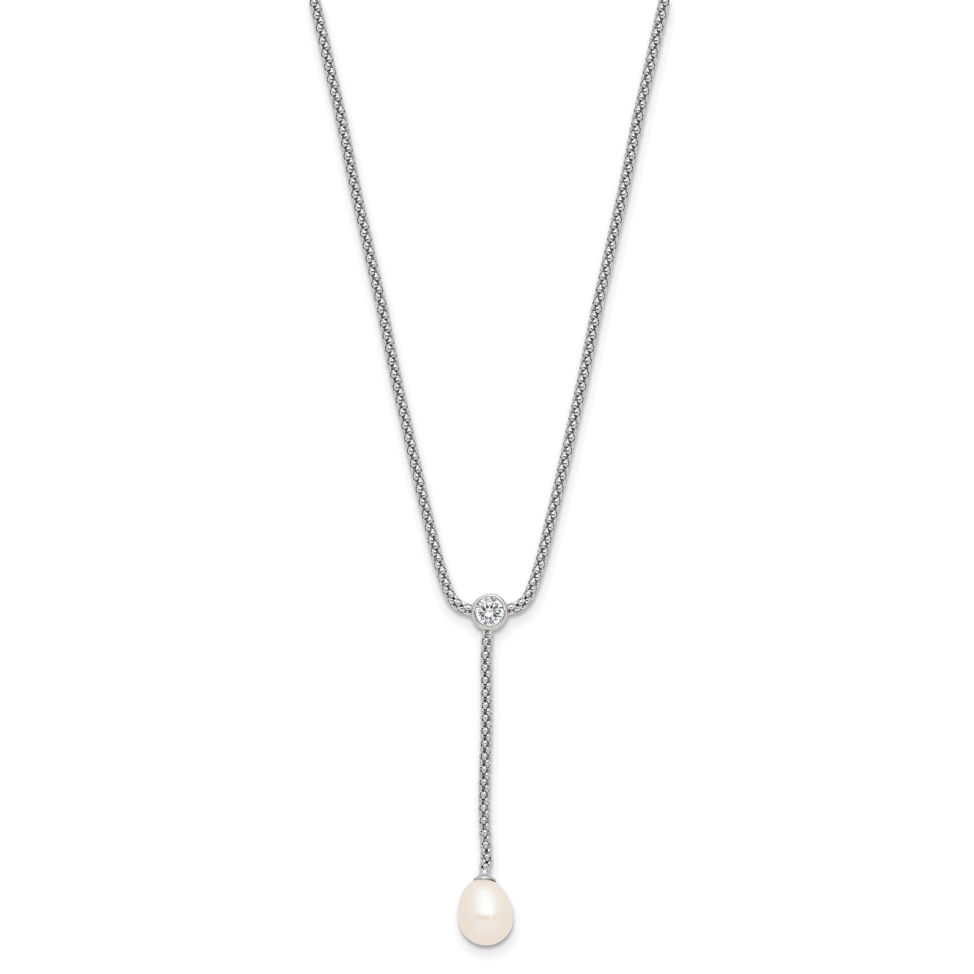 Sterling Silver Rhodium-plated 8-9mm Teardrop Freshwater Cultured Pearl and CZ Drop Dangle 18 inch Necklace