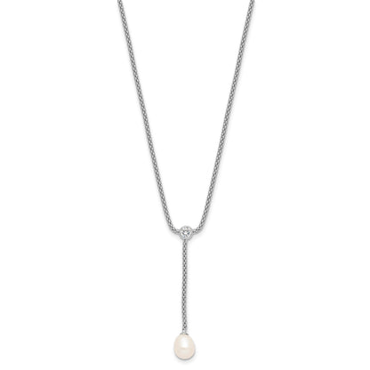 Sterling Silver Rhodium-plated 8-9mm Teardrop Freshwater Cultured Pearl and CZ Drop Dangle 18 inch Necklace