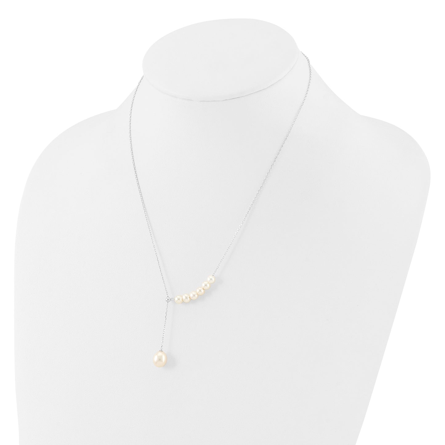 Sterling Silver Rhodium-plated 4.5-8.5mm White Teardrop and Semi-Round Freshwater Cultured Pearl 15.5 inch with 1.75 inch Extension Necklace