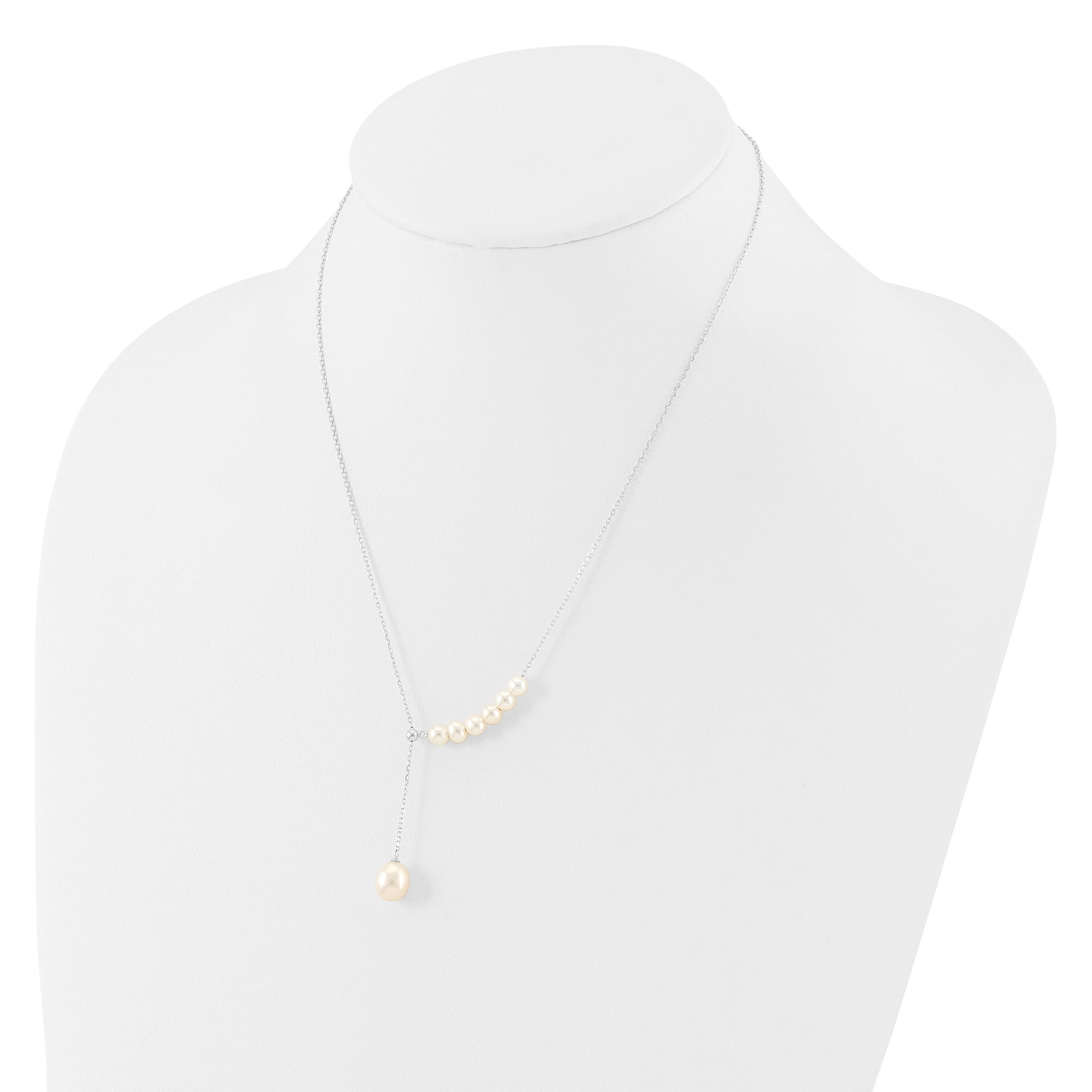 Sterling Silver Rhodium-plated 4.5-8.5mm White Teardrop and Semi-Round Freshwater Cultured Pearl 15.5 inch with 1.75 inch Extension Necklace