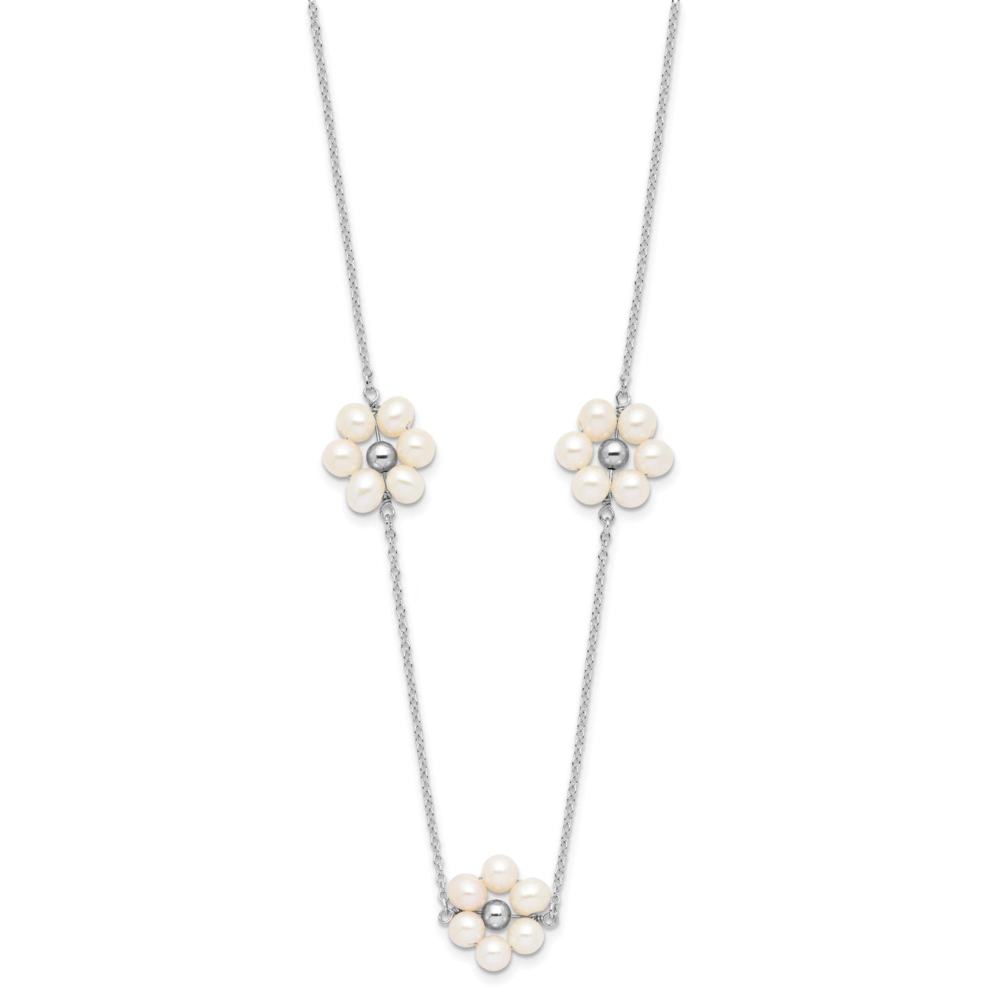 Sterling Silver Rhodium-plated 4-5mm White Semi-Round Freshwater Cultured Pearl Flower 17 inch with 1.75 inch Extension Necklace
