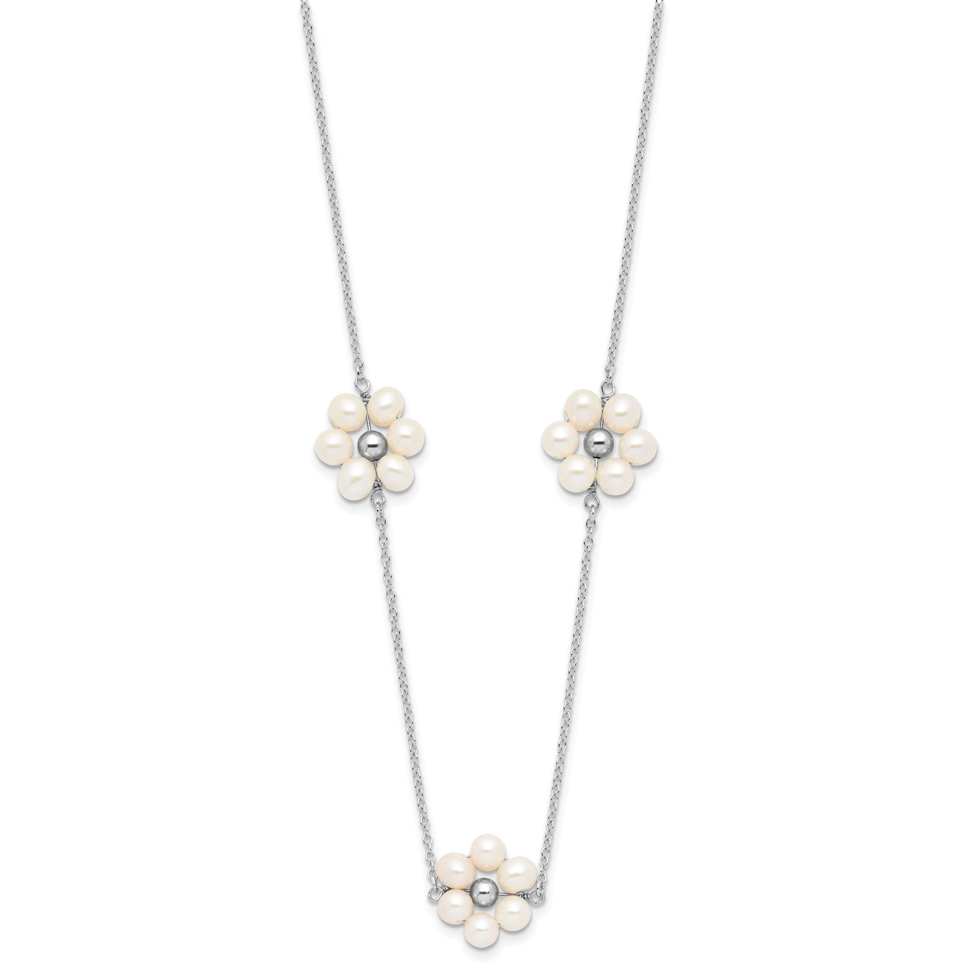 Sterling Silver Rhodium-plated 4-5mm White Semi-Round Freshwater Cultured Pearl Flower 17 inch with 1.75 inch Extension Necklace