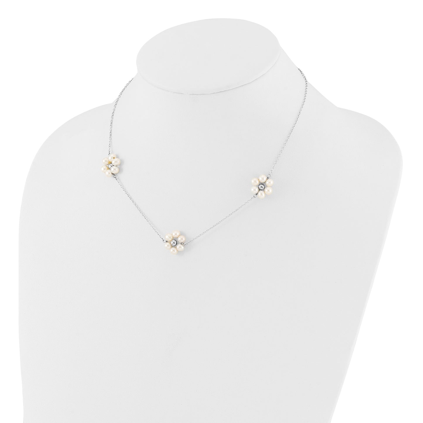 Sterling Silver Rhodium-plated 4-5mm White Semi-Round Freshwater Cultured Pearl Flower 17 inch with 1.75 inch Extension Necklace