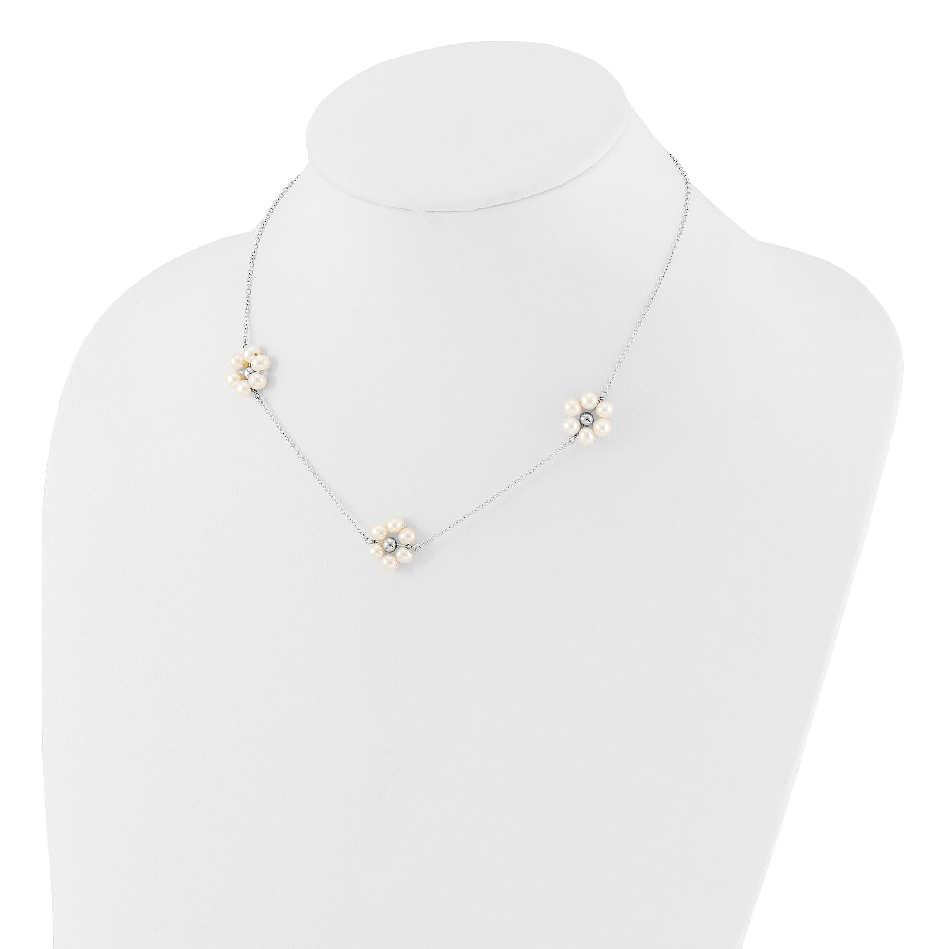 Sterling Silver Rhodium-plated 4-5mm White Semi-Round Freshwater Cultured Pearl Flower 17 inch with 1.75 inch Extension Necklace