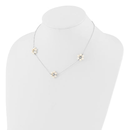 Sterling Silver Rhodium-plated 4-5mm White Semi-Round Freshwater Cultured Pearl Flower 17 inch with 1.75 inch Extension Necklace