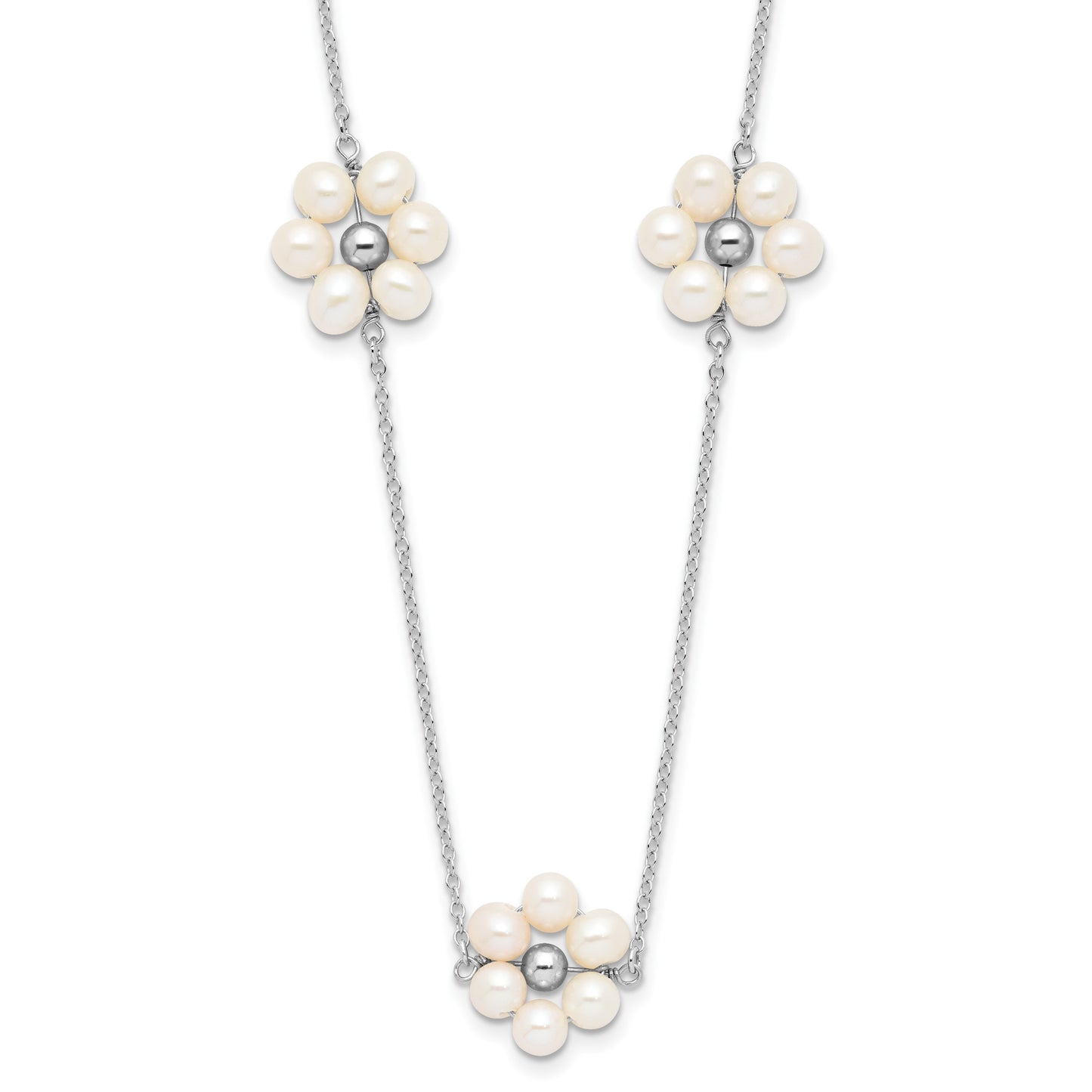 Sterling Silver Rhodium-plated 4-5mm White Semi-Round Freshwater Cultured Pearl Flower 17 inch with 1.75 inch Extension Necklace