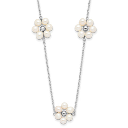 Sterling Silver Rhodium-plated 4-5mm White Semi-Round Freshwater Cultured Pearl Flower 17 inch with 1.75 inch Extension Necklace