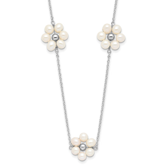 Sterling Silver Rhodium-plated 4-5mm White Semi-Round Freshwater Cultured Pearl Flower 17 inch with 1.75 inch Extension Necklace