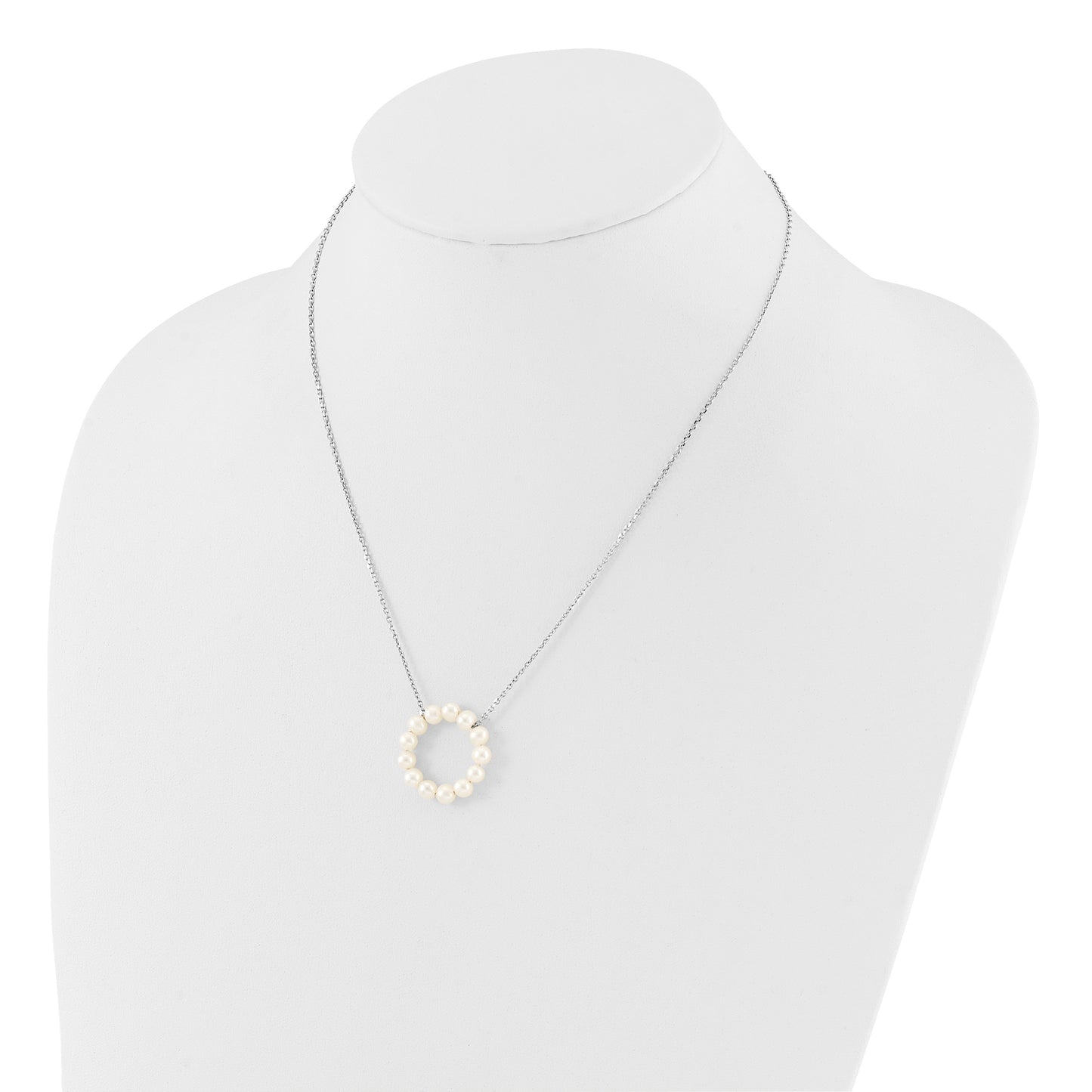 Sterling Silver Rhodium-plated 4-5mm White Near-Round Freshwater Cultured Pearl Circle 18 inch Necklace