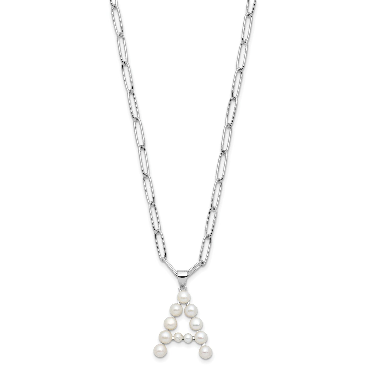 Sterling Silver Rhodium-plated 3-5.5mm White Button Freshwater Cultured Pearl LETTER A 18 inch Necklace