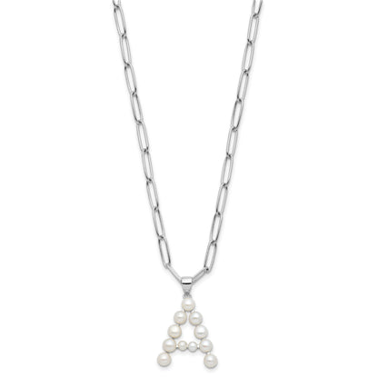 Sterling Silver Rhodium-plated 3-5.5mm White Button Freshwater Cultured Pearl LETTER A 18 inch Necklace