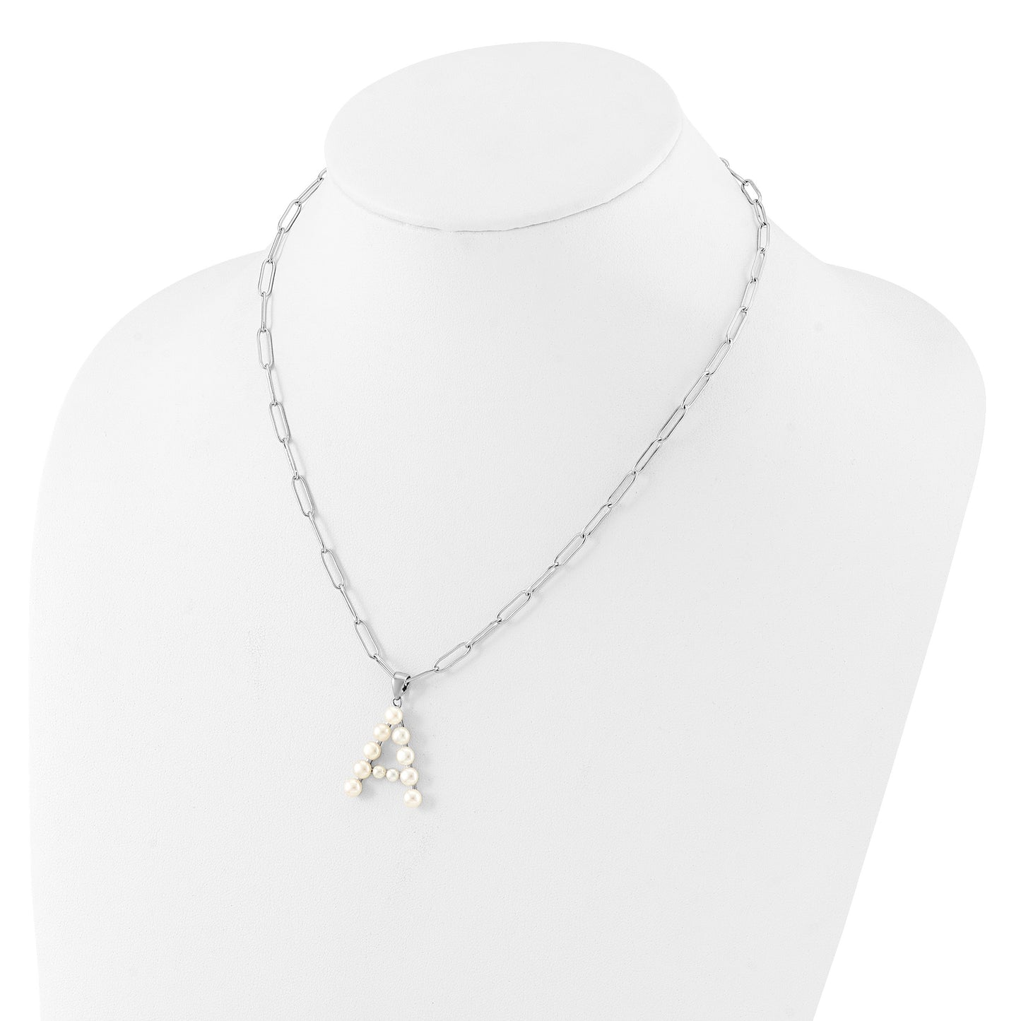 Sterling Silver Rhodium-plated 3-5.5mm White Button Freshwater Cultured Pearl LETTER A 18 inch Necklace