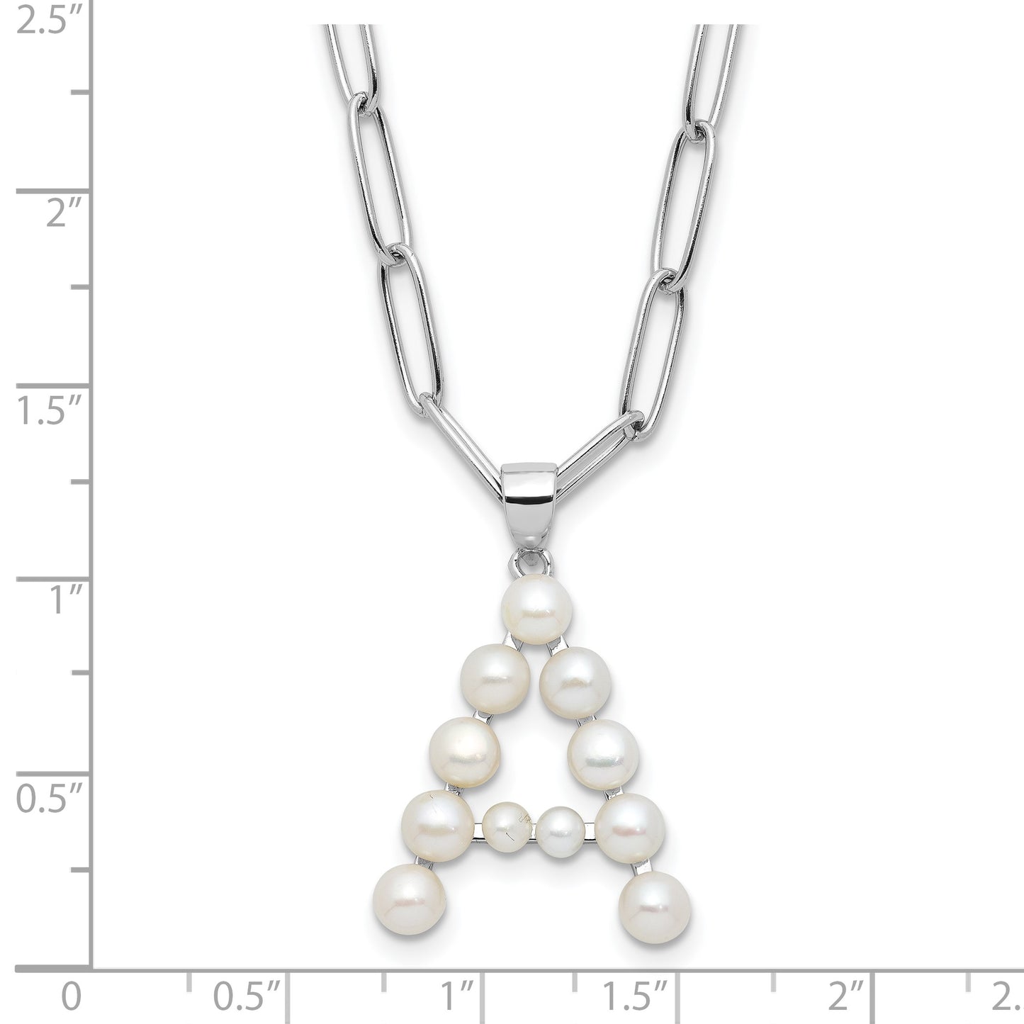 Sterling Silver Rhodium-plated 3-5.5mm White Button Freshwater Cultured Pearl LETTER A 18 inch Necklace