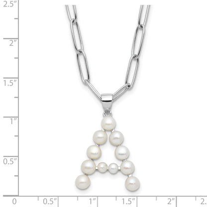 Sterling Silver Rhodium-plated 3-5.5mm White Button Freshwater Cultured Pearl LETTER A 18 inch Necklace
