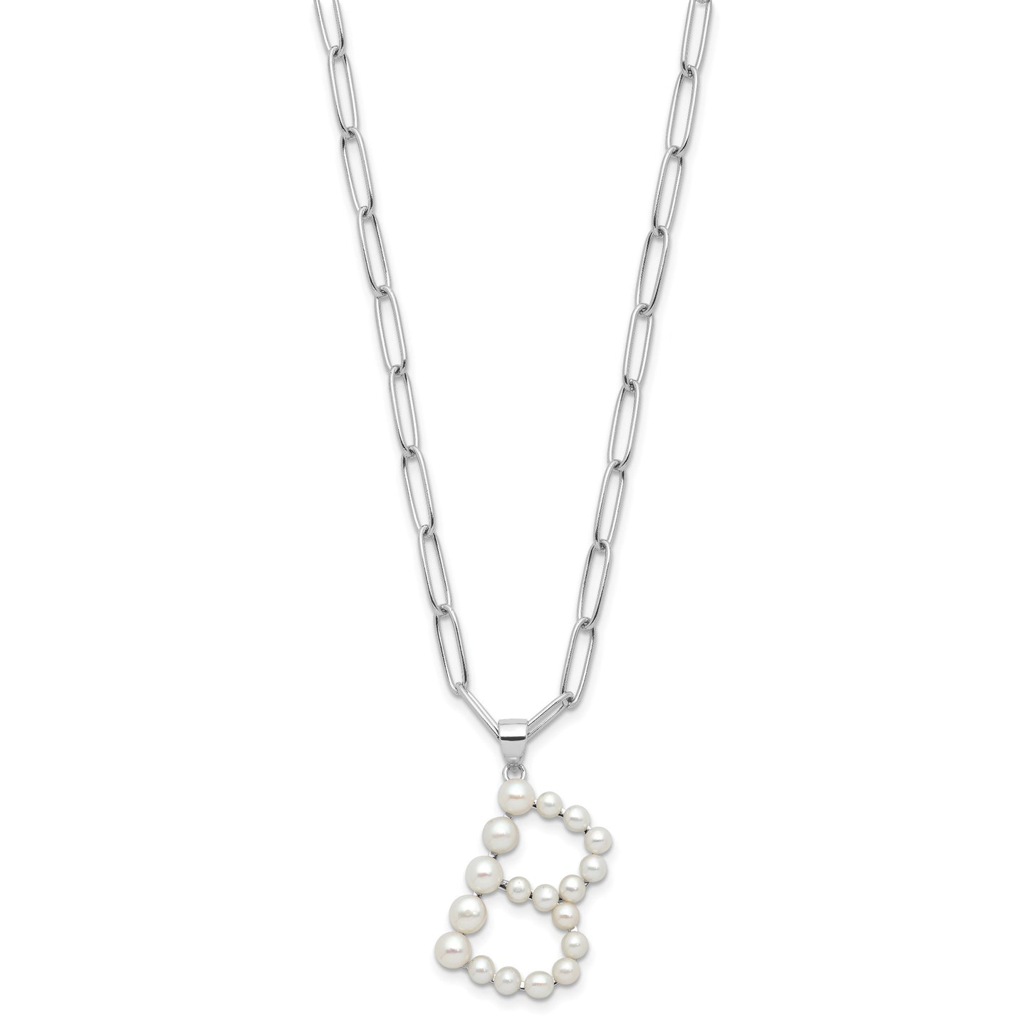 Sterling Silver Rhodium-plated 3-5.5mm White Button Freshwater Cultured Pearl LETTER B 18 inch Necklace