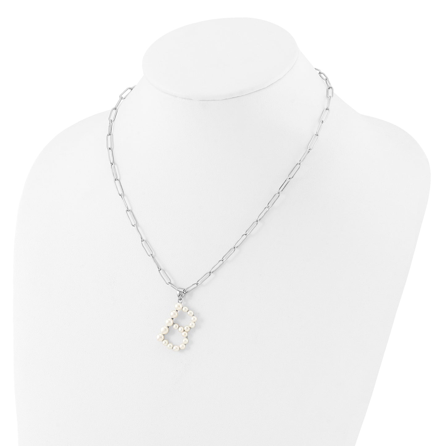 Sterling Silver Rhodium-plated 3-5.5mm White Button Freshwater Cultured Pearl LETTER B 18 inch Necklace