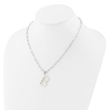 Sterling Silver Rhodium-plated 3-5.5mm White Button Freshwater Cultured Pearl LETTER B 18 inch Necklace