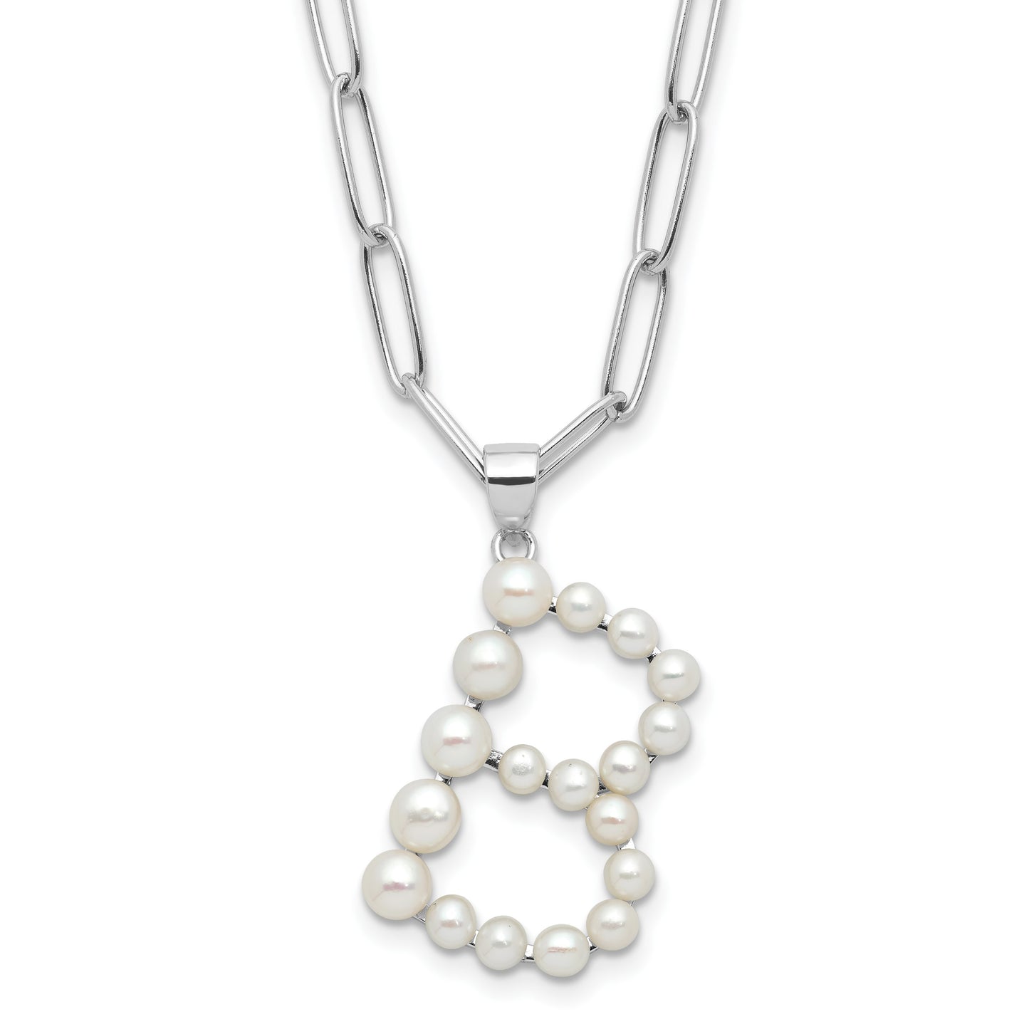 Sterling Silver Rhodium-plated 3-5.5mm White Button Freshwater Cultured Pearl LETTER B 18 inch Necklace
