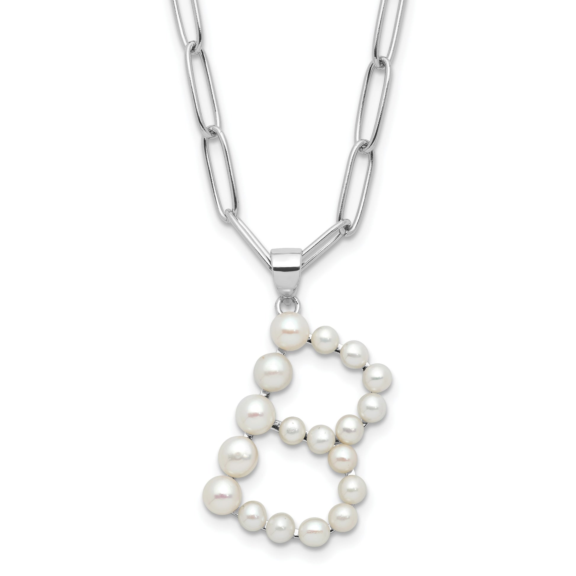 Sterling Silver Rhodium-plated 3-5.5mm White Button Freshwater Cultured Pearl LETTER B 18 inch Necklace