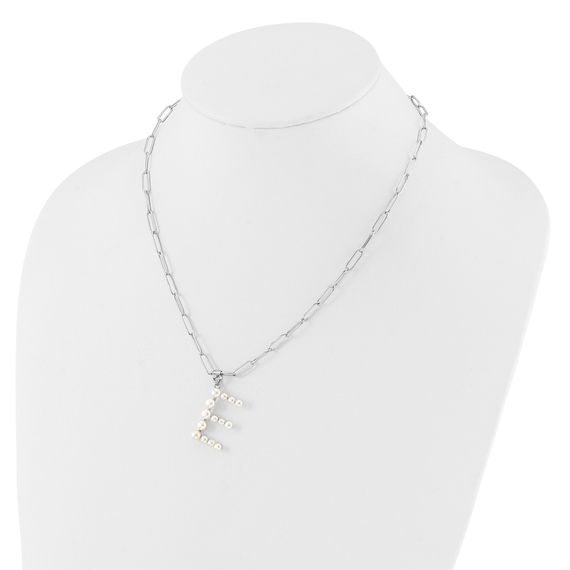 Sterling Silver Rhodium-plated 3-5.5mm White Button Freshwater Cultured Pearl LETTER E 18 inch Necklace