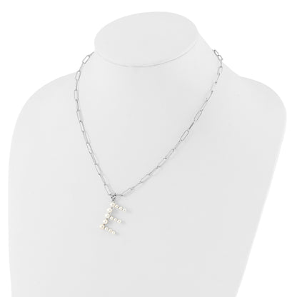 Sterling Silver Rhodium-plated 3-5.5mm White Button Freshwater Cultured Pearl LETTER E 18 inch Necklace