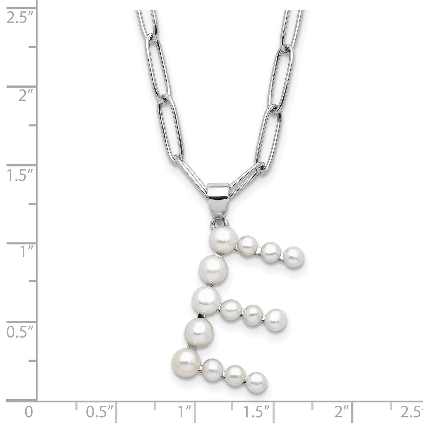Sterling Silver Rhodium-plated 3-5.5mm White Button Freshwater Cultured Pearl LETTER E 18 inch Necklace