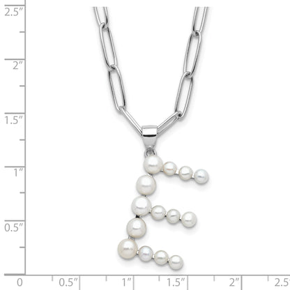 Sterling Silver Rhodium-plated 3-5.5mm White Button Freshwater Cultured Pearl LETTER E 18 inch Necklace