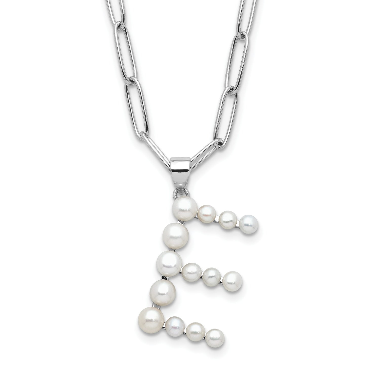Sterling Silver Rhodium-plated 3-5.5mm White Button Freshwater Cultured Pearl LETTER E 18 inch Necklace