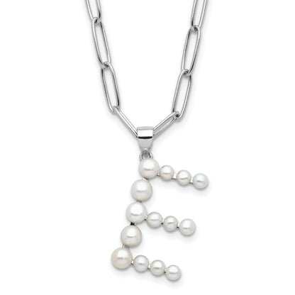 Sterling Silver Rhodium-plated 3-5.5mm White Button Freshwater Cultured Pearl LETTER E 18 inch Necklace