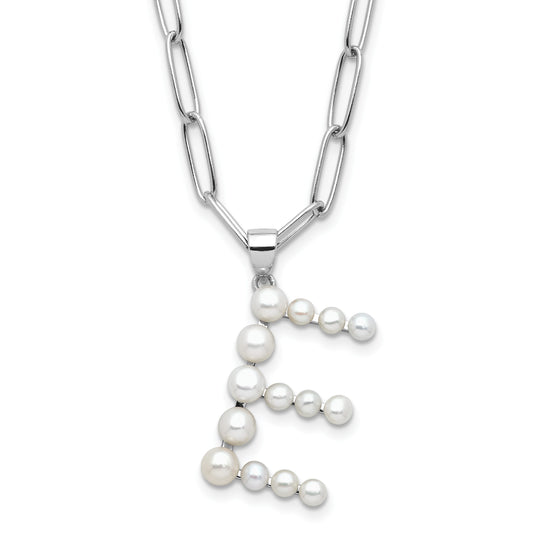 Sterling Silver Rhodium-plated 3-5.5mm White Button Freshwater Cultured Pearl LETTER E 18 inch Necklace