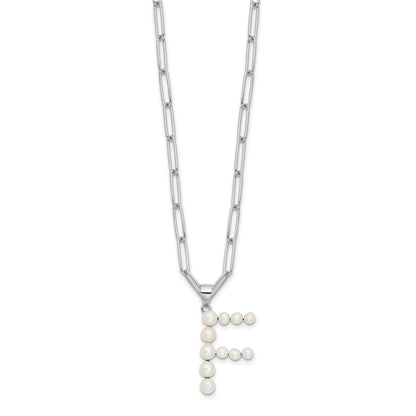 Sterling Silver Rhodium-plated 3-5.5mm White Button Freshwater Cultured Pearl LETTER F 18 inch Necklace