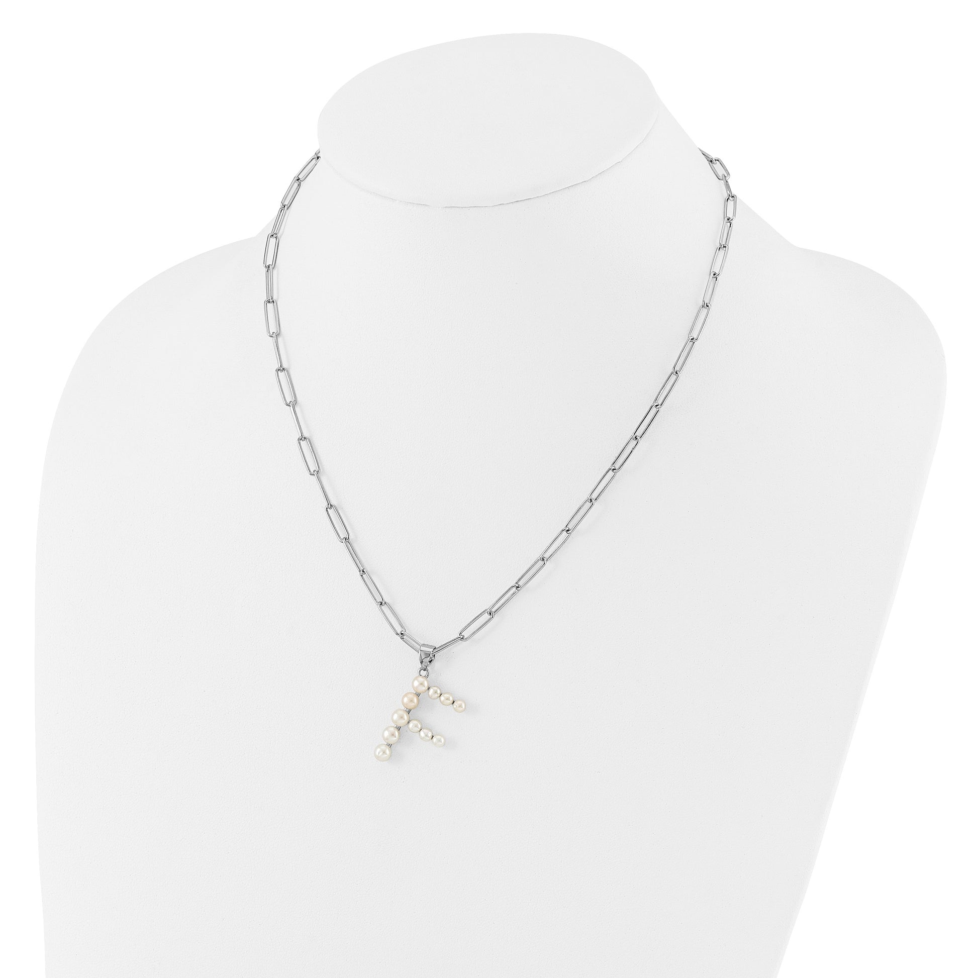 Sterling Silver Rhodium-plated 3-5.5mm White Button Freshwater Cultured Pearl LETTER F 18 inch Necklace