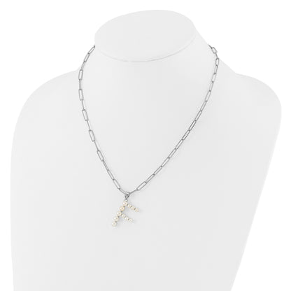 Sterling Silver Rhodium-plated 3-5.5mm White Button Freshwater Cultured Pearl LETTER F 18 inch Necklace