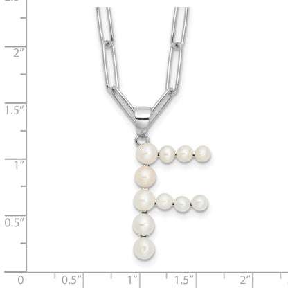 Sterling Silver Rhodium-plated 3-5.5mm White Button Freshwater Cultured Pearl LETTER F 18 inch Necklace