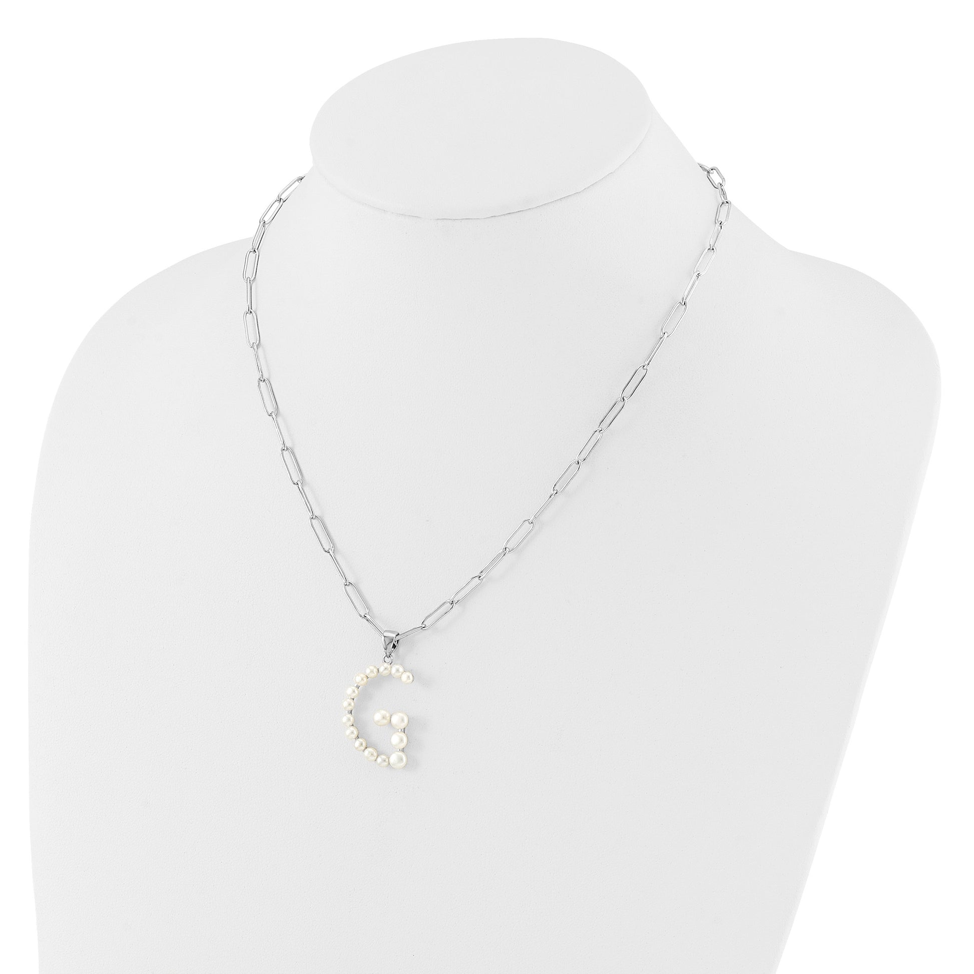 Sterling Silver Rhodium-plated 3-5.5mm White Button Freshwater Cultured Pearl LETTER G 18 inch Necklace