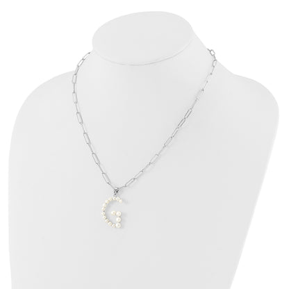 Sterling Silver Rhodium-plated 3-5.5mm White Button Freshwater Cultured Pearl LETTER G 18 inch Necklace