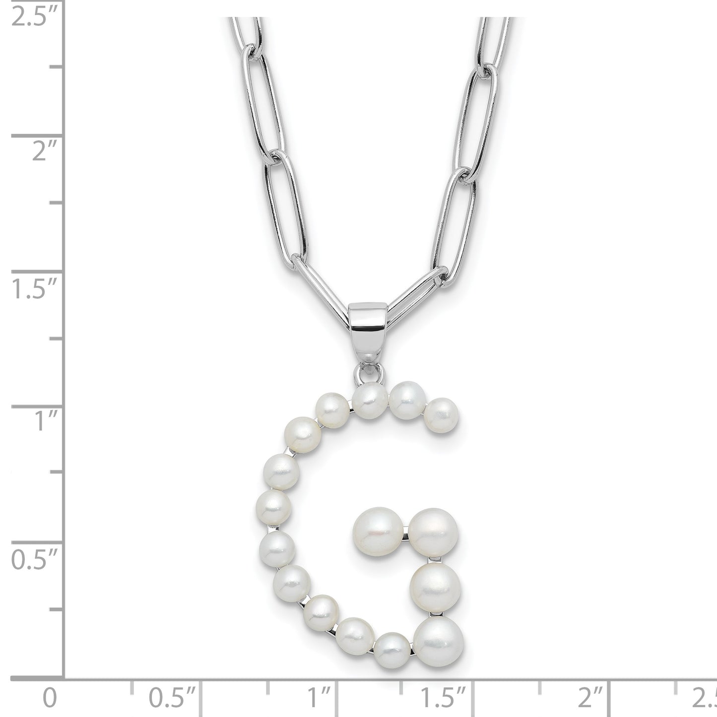 Sterling Silver Rhodium-plated 3-5.5mm White Button Freshwater Cultured Pearl LETTER G 18 inch Necklace