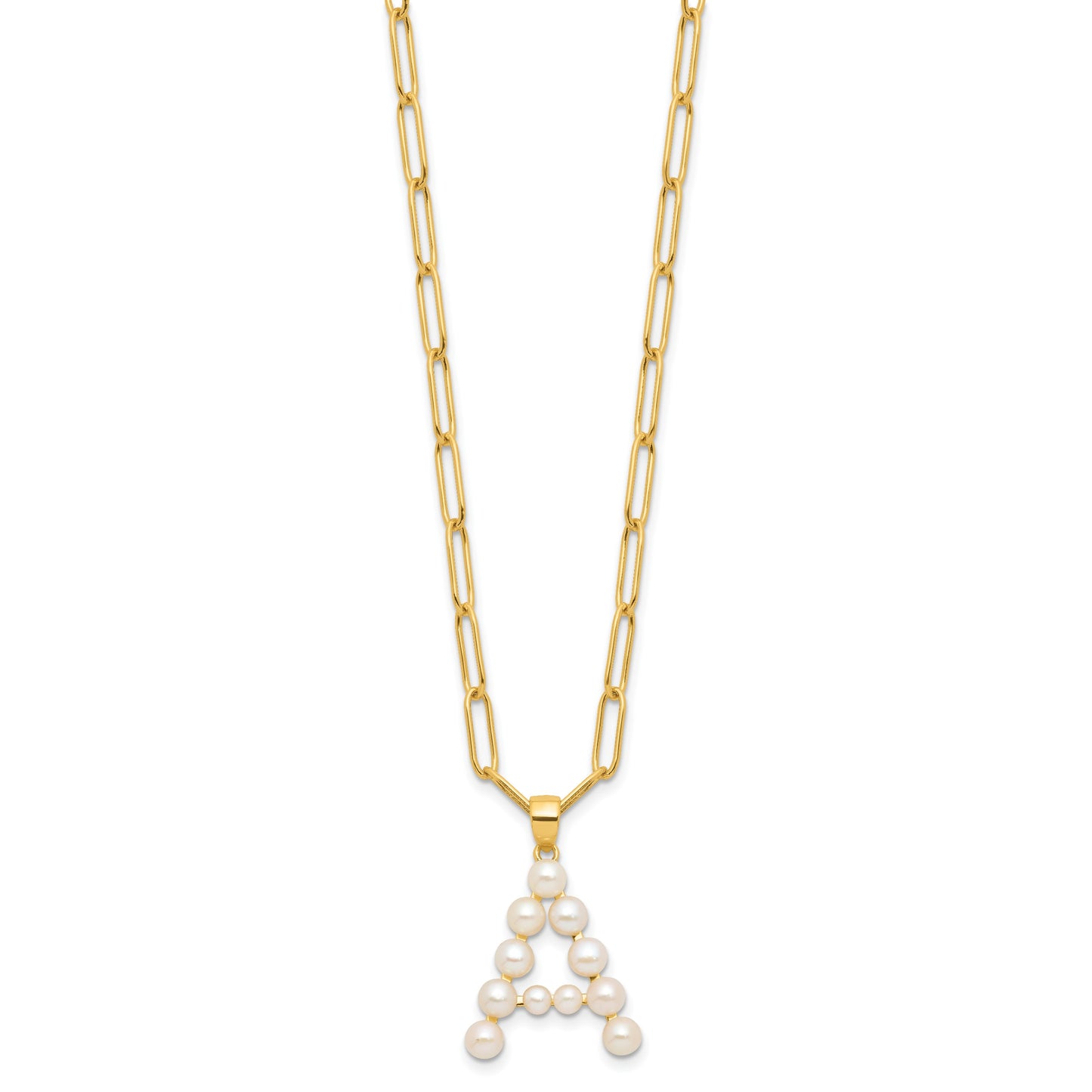 Sterling Silver Gold-plated 3-5.5mm White Button Freshwater Cultured Pearl LETTER A 18 inch Necklace