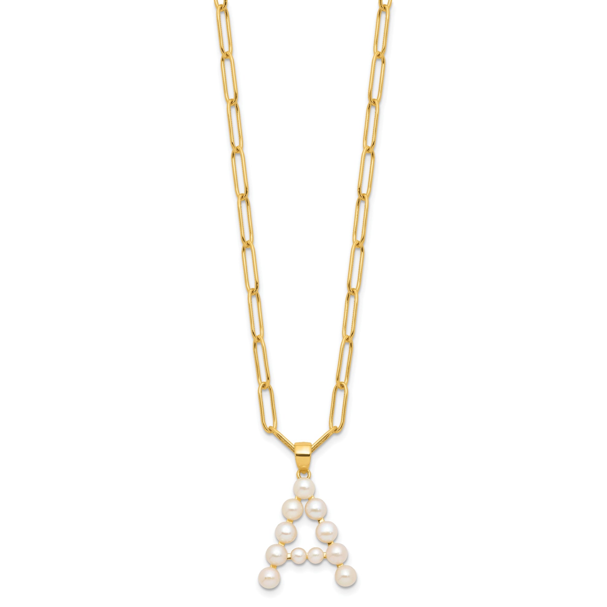 Sterling Silver Gold-plated 3-5.5mm White Button Freshwater Cultured Pearl LETTER A 18 inch Necklace