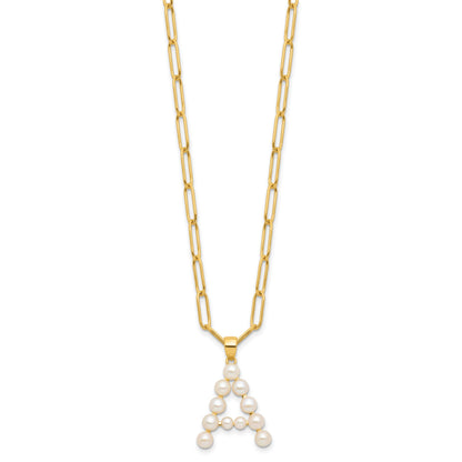 Sterling Silver Gold-plated 3-5.5mm White Button Freshwater Cultured Pearl LETTER A 18 inch Necklace