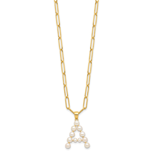 Sterling Silver Gold-plated 3-5.5mm White Button Freshwater Cultured Pearl LETTER A 18 inch Necklace