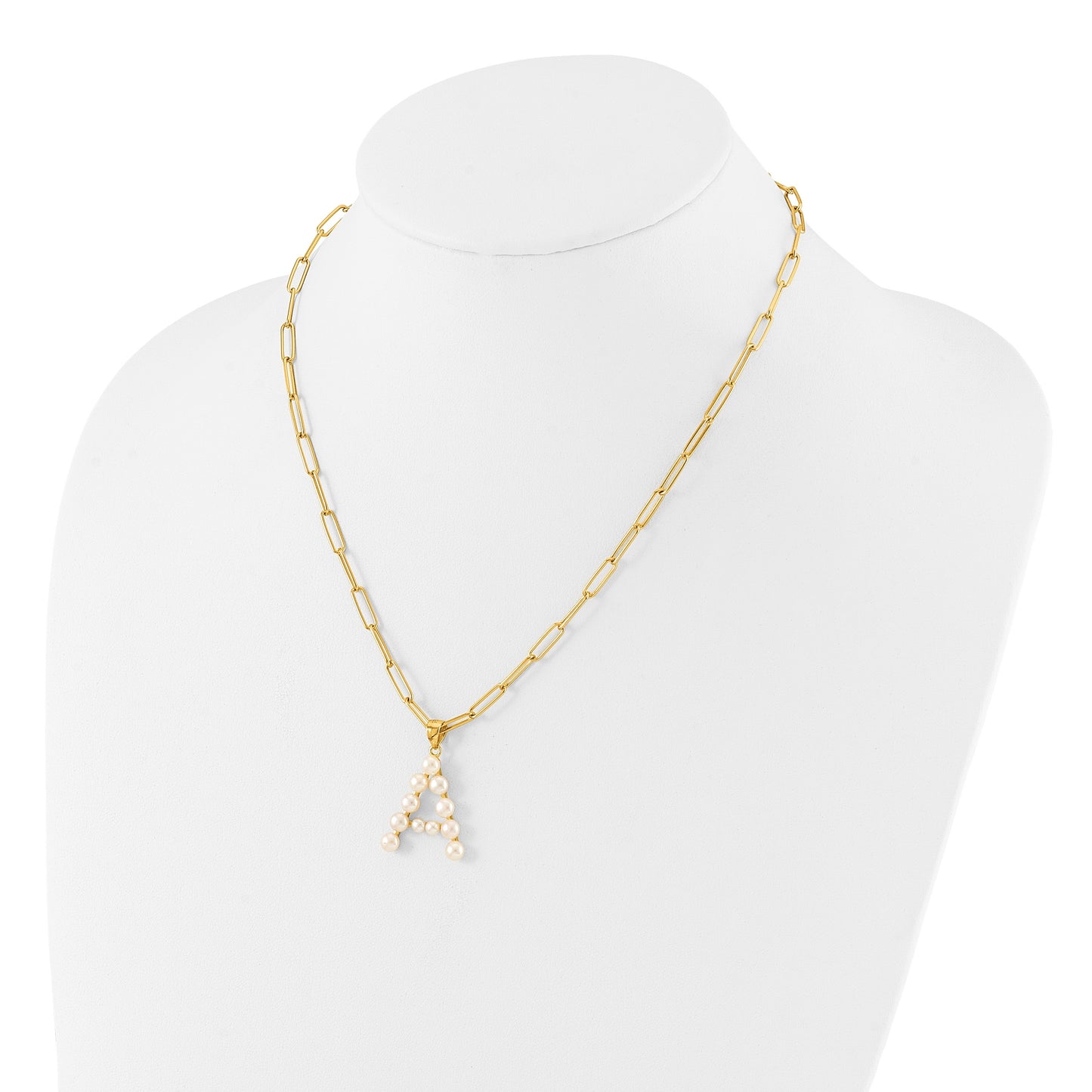 Sterling Silver Gold-plated 3-5.5mm White Button Freshwater Cultured Pearl LETTER A 18 inch Necklace