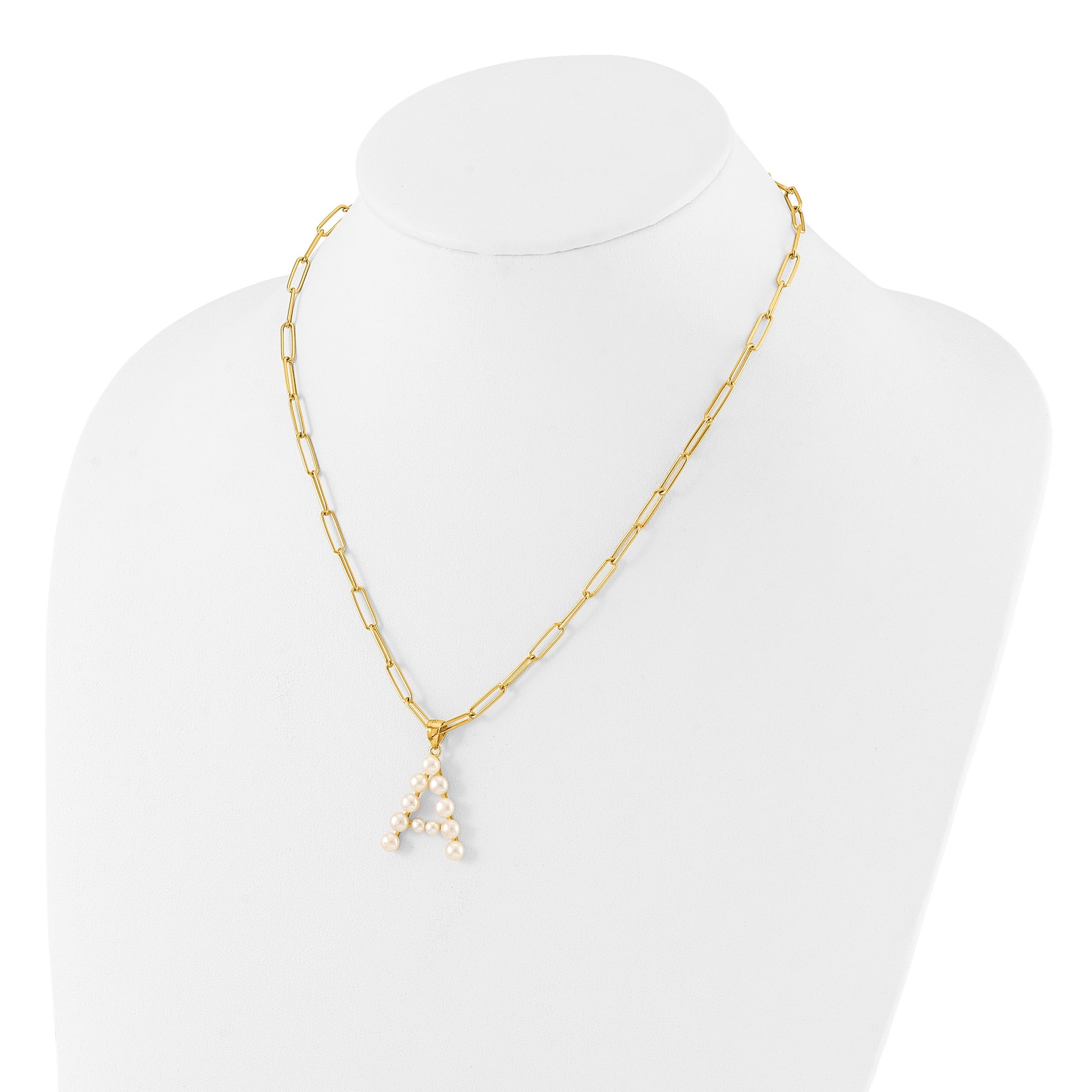 Sterling Silver Gold-plated 3-5.5mm White Button Freshwater Cultured Pearl LETTER A 18 inch Necklace