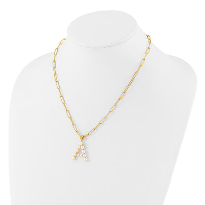Sterling Silver Gold-plated 3-5.5mm White Button Freshwater Cultured Pearl LETTER A 18 inch Necklace